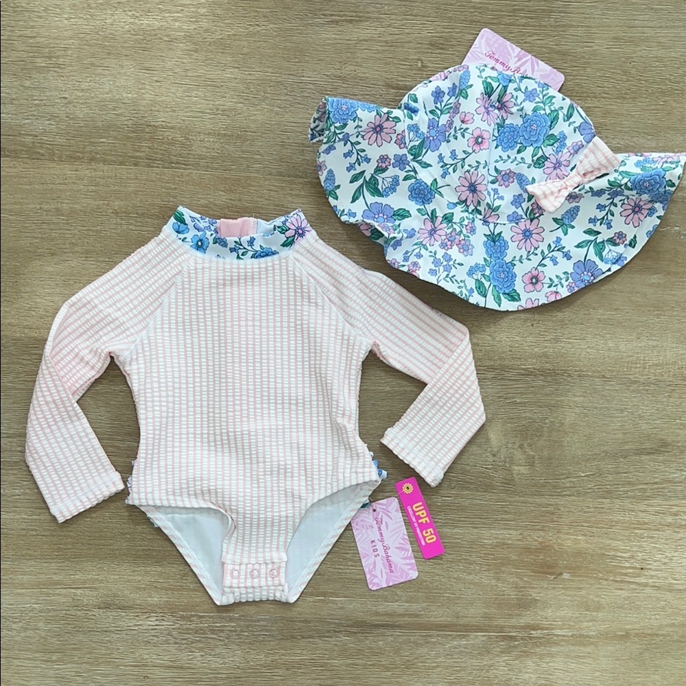 Tommy Bahama Girl Seersucker One Piece Rash guard Swimsuit Hat 12 18 24 months